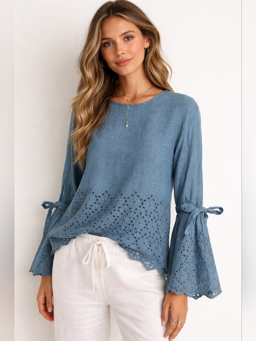 Blue Eyelet Bell Sleeve Blouse XL Juniors or S/M Women’s